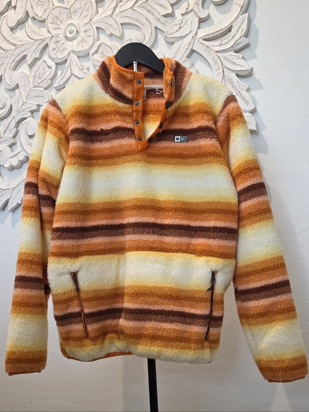 Salty Crew Orange, Brown White Striped Sherpa Snap Pullover Women's Sz Small NWT - Picture 2 of 12